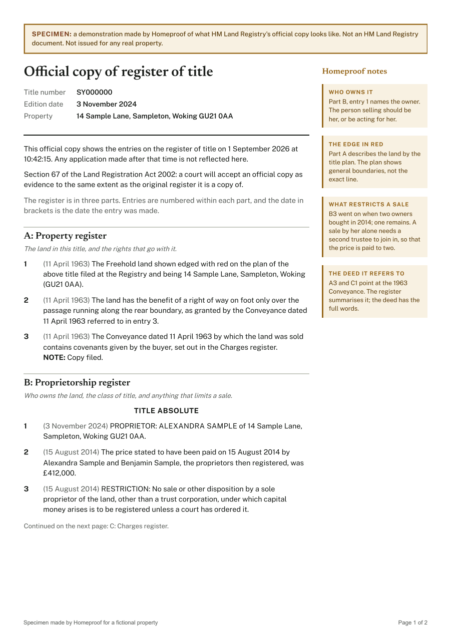 First page of the official copy of the register (specimen)